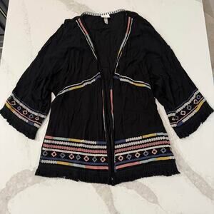 Knox Rose Open Front Embroidered Boho Kimono Womens Medium Black Tassle Cardigan